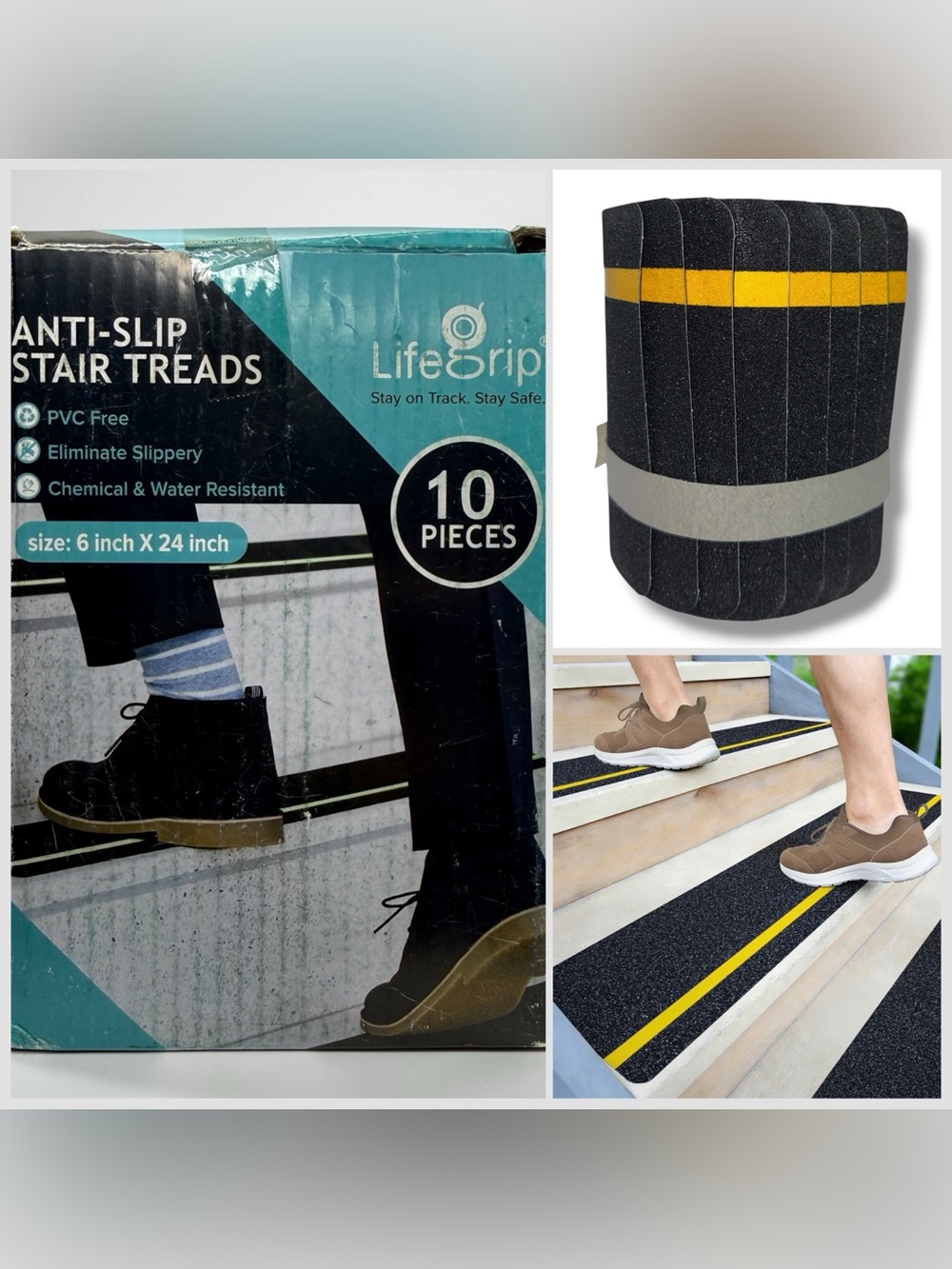 LifeGrip Anti Slip Traction Treads 10-Pack Reflective Stair Grip Tape 6”x24” PET